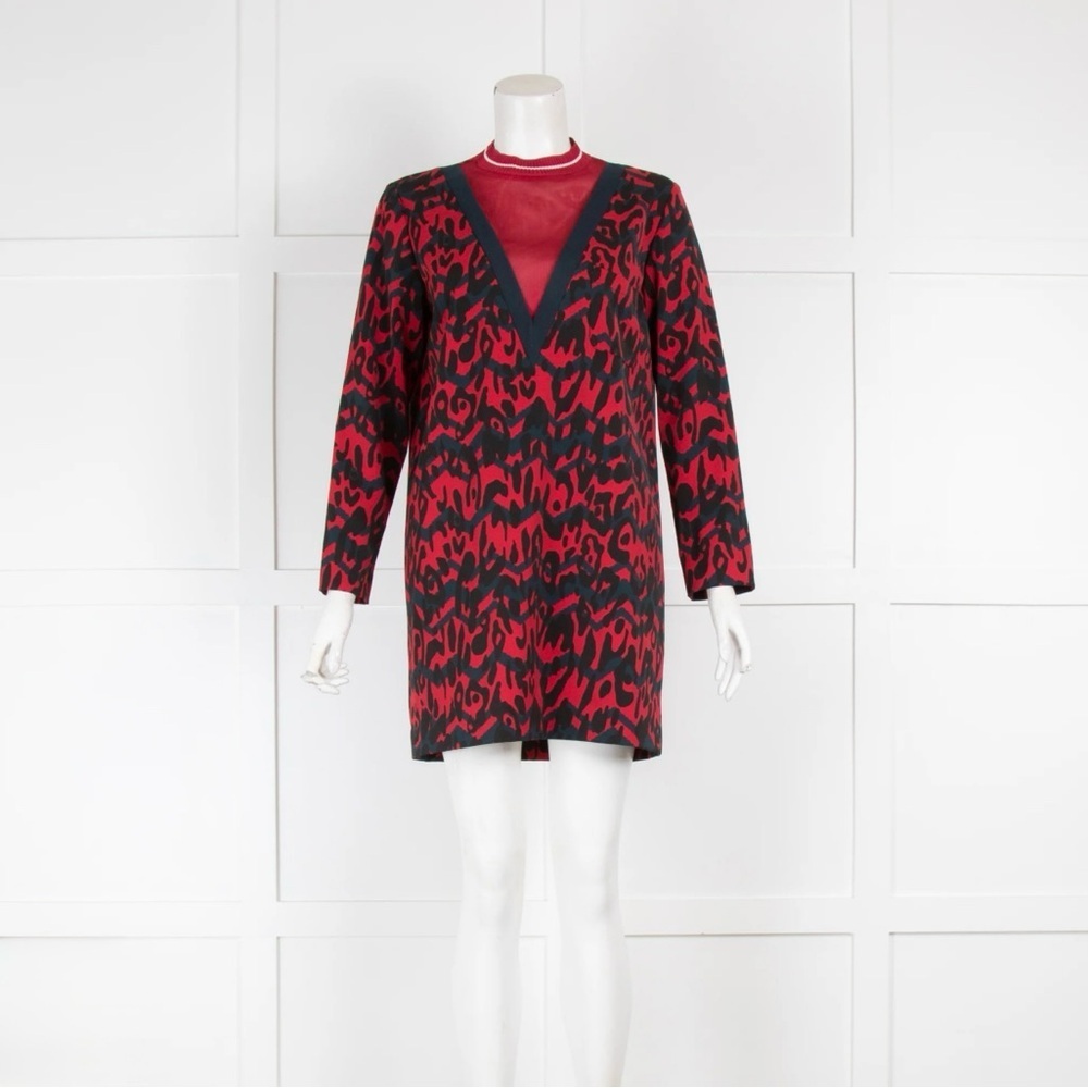 M Missoni Red Black Mesh V Neck Knit Fitted Cocktail Dress NWOT Size M IT 40